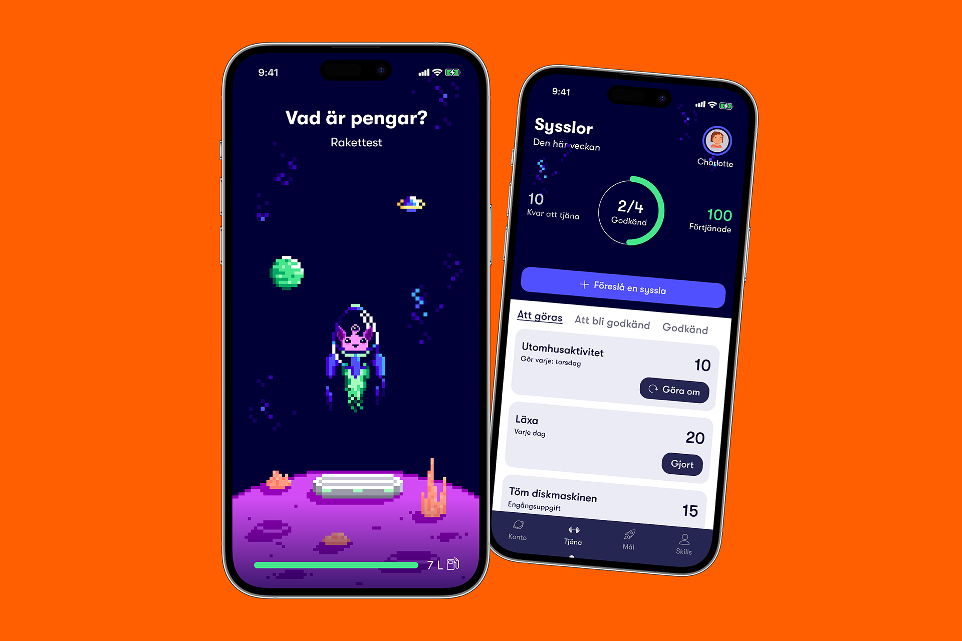 Två mobiltelefoner som visar utsnitt från appen Gimi som lär barn hantera pengar. 